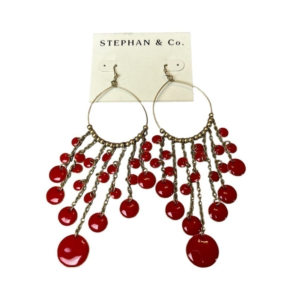 Stephan & Co. Red & Gold Hoop & Hook Drop Dangle Earrings - Picture 3 of 9